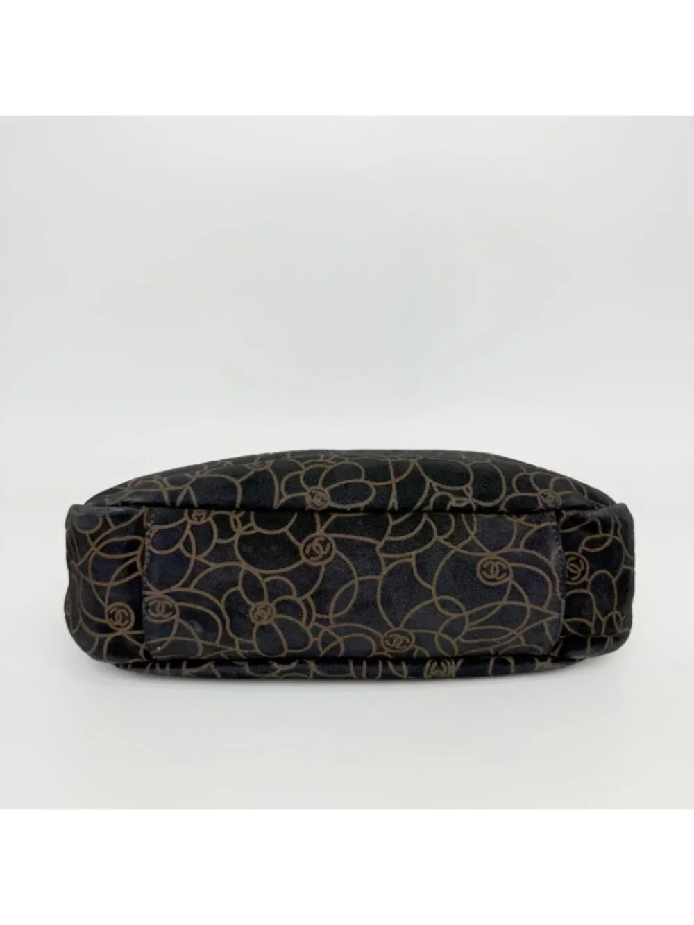 Chanel Camellia Print CC Logo Chain Shoulder Bag Suede Leather Black Silver